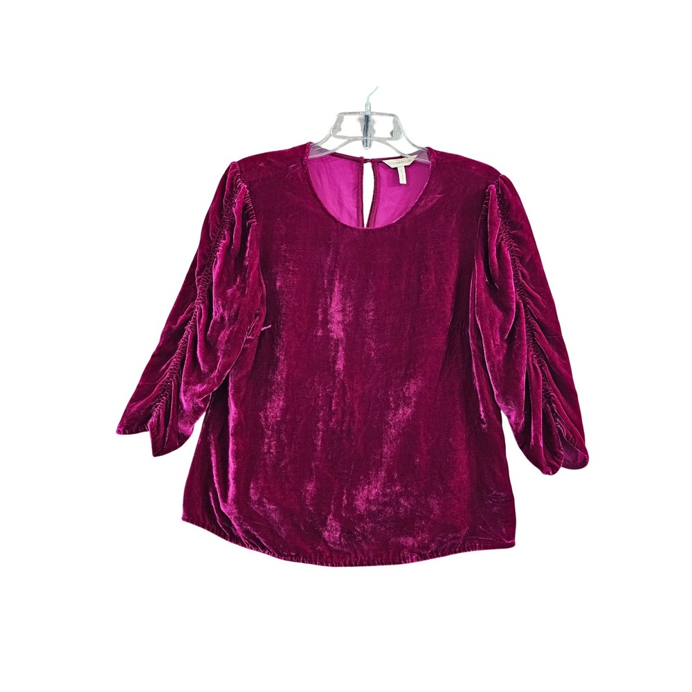 Rebecca Taylor Velvet Top Small Fuchsia Pink Silk Blend Ruched 3/4 Sleeve Blouse